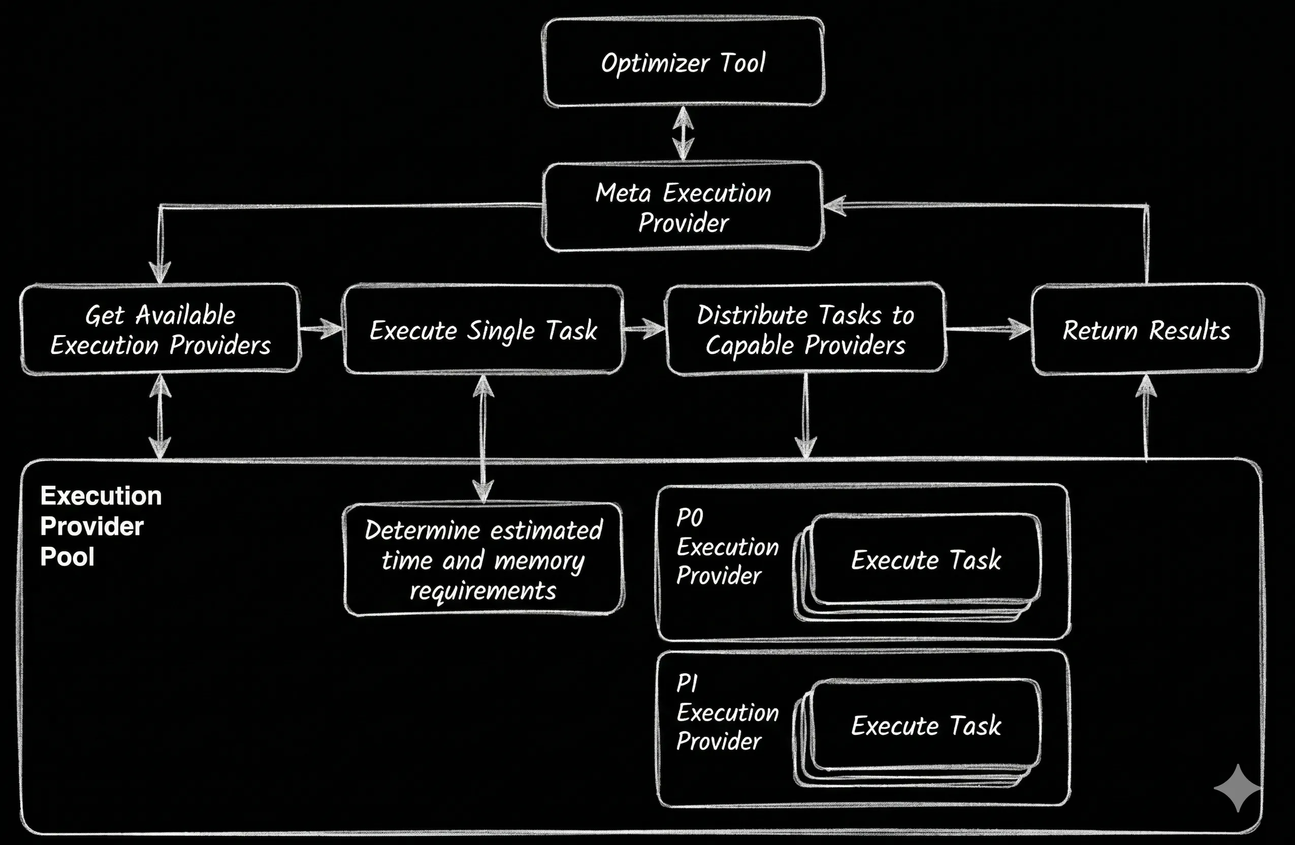 Flow chart showing the Execution Provider determining the compute requirements for the Optimizer Tool's parallel tasks before assigning them to available Execution Providers based on a predetermined prioritization.